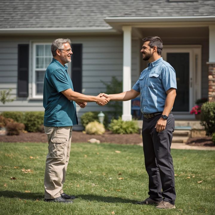 Happy Portland TN homeowner thanking pest control technician after successful service