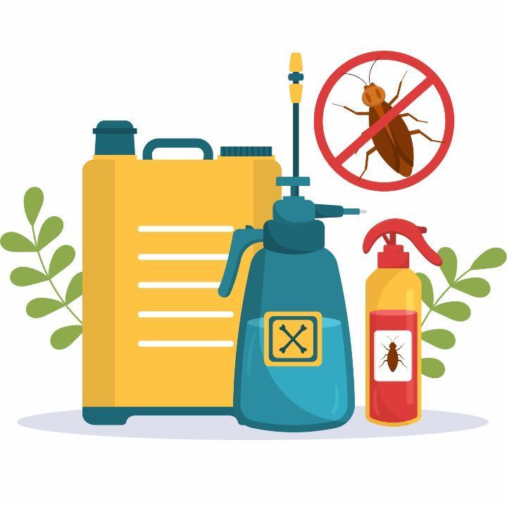 Yellow insecticide container, blue sprayer, red spray bottle, and a “no cockroach” sign.