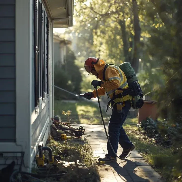Arborist spraying a house exterior. Person in safety gear, spraying next to a house with greenery and sunlight.
