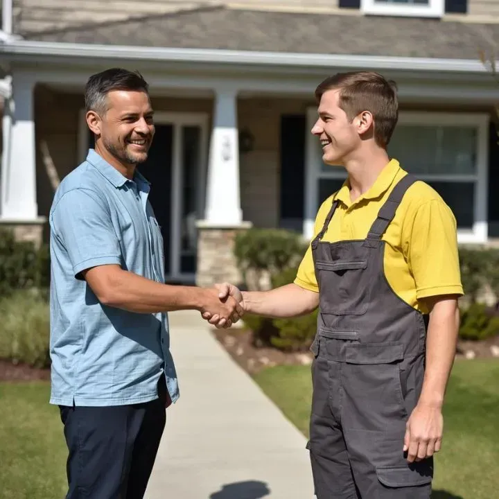 Man shakes hands with service worker in front of a house.