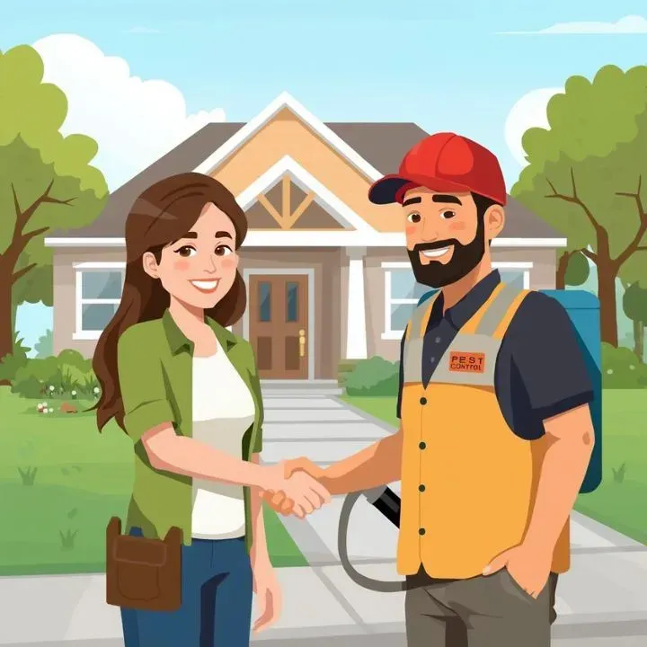 Woman shaking hands with pest control worker in front of a house.