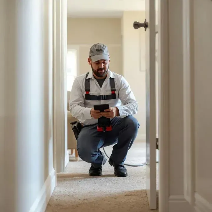 Man in a cap, crouched in a hallway, looking at a tablet. He wears a harness and work clothes.