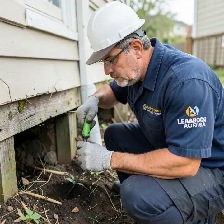 A person wearing a white hardhat and gray gloves examines a foundation near a building.