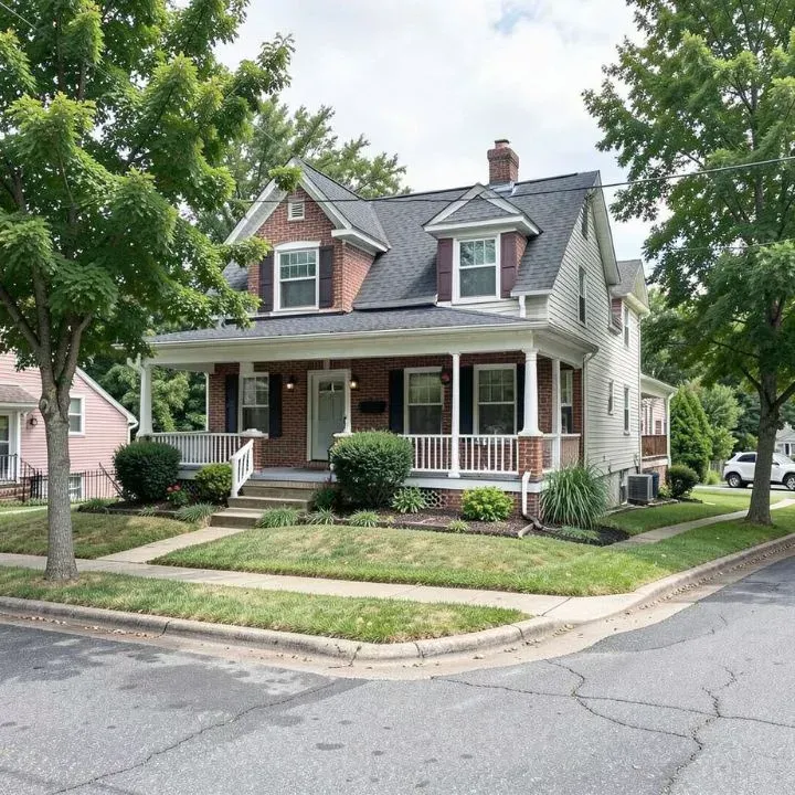 Two-story house with porch on a corner lot, red brick, light siding, green lawn and trees.