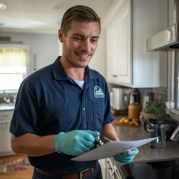 Man in blue uniform examining paperwork in a kitchen, smiling.