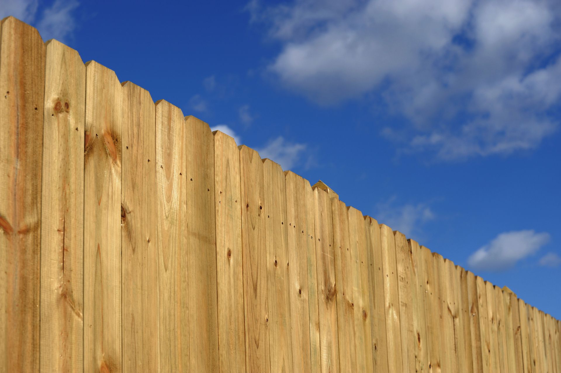 Wooden fence against a bright blue sky with white clouds.