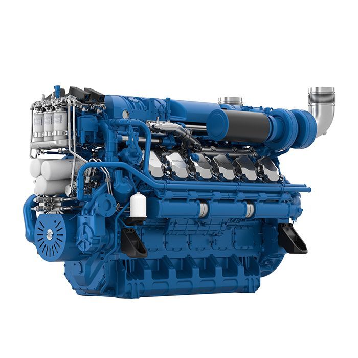 A blue diesel engine is shown on a white background.
