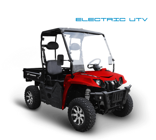 A red and black electric utv with the word electric at the bottom