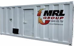A white shipping container with a mrl group logo on it.