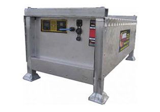 A metal box with a lock on it is sitting on a white surface.