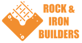 Logo: Rock & Iron Builders. Dark text with a graphic of a rock with a rail.