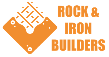 Logo: Rock & Iron Builders. Dark text with a graphic of a rock with a rail.