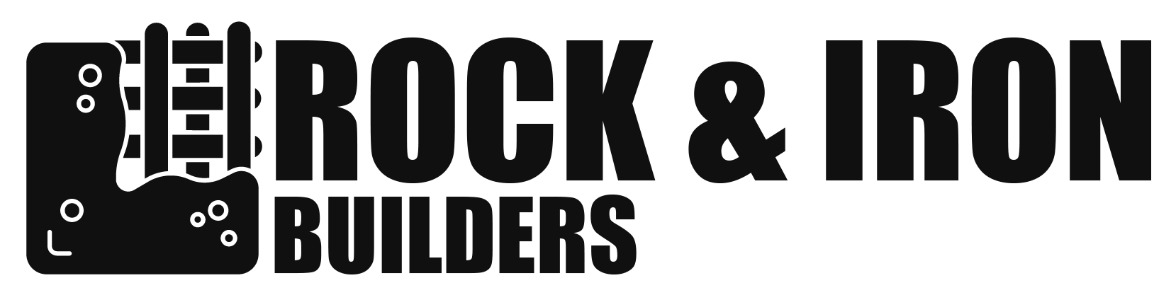 Logo: Rock & Iron Builders. Dark text with a graphic of a rock with a rail.