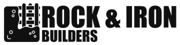 Logo: Rock & Iron Builders. Dark text with a graphic of a rock with a rail.