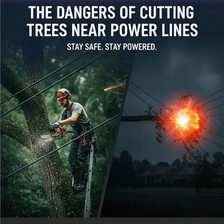 Safety poster: worker trimming trees near power lines beside a bright electrical arc; text warns of danger.