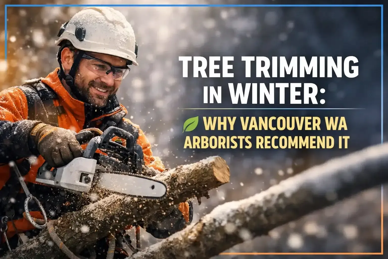Arborist cutting a tree branch in snowy winter conditions, with text “Tree Trimming in Winter.”