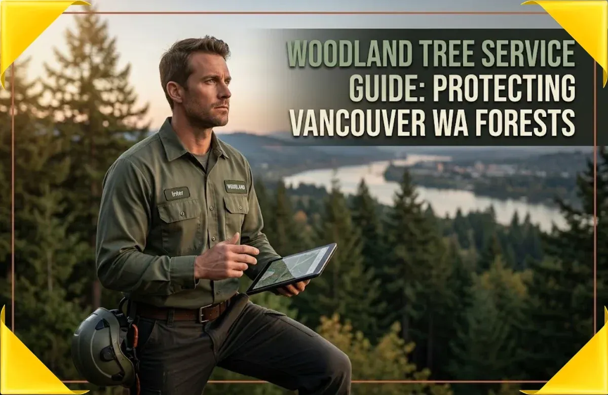 Woodland Tree Service guide beside a forest at sunset, holding a tablet with title text about protecting Vancouver, WA forests