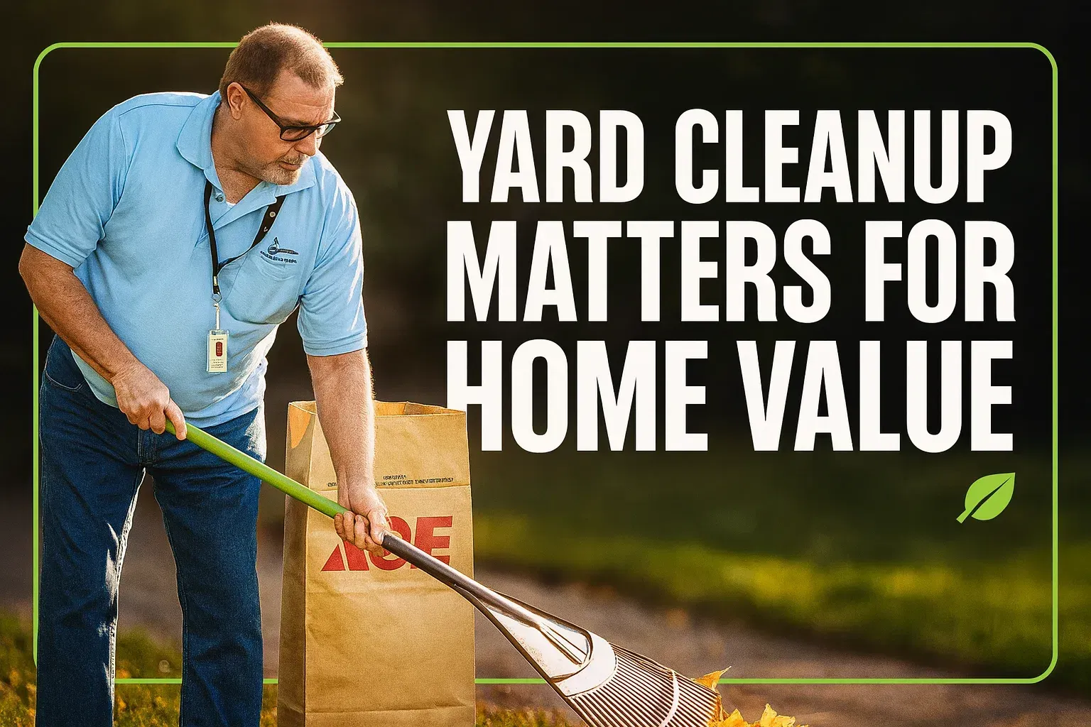 Professional yard cleanup services ad with worker using leaf blower amid blowing autumn leaves