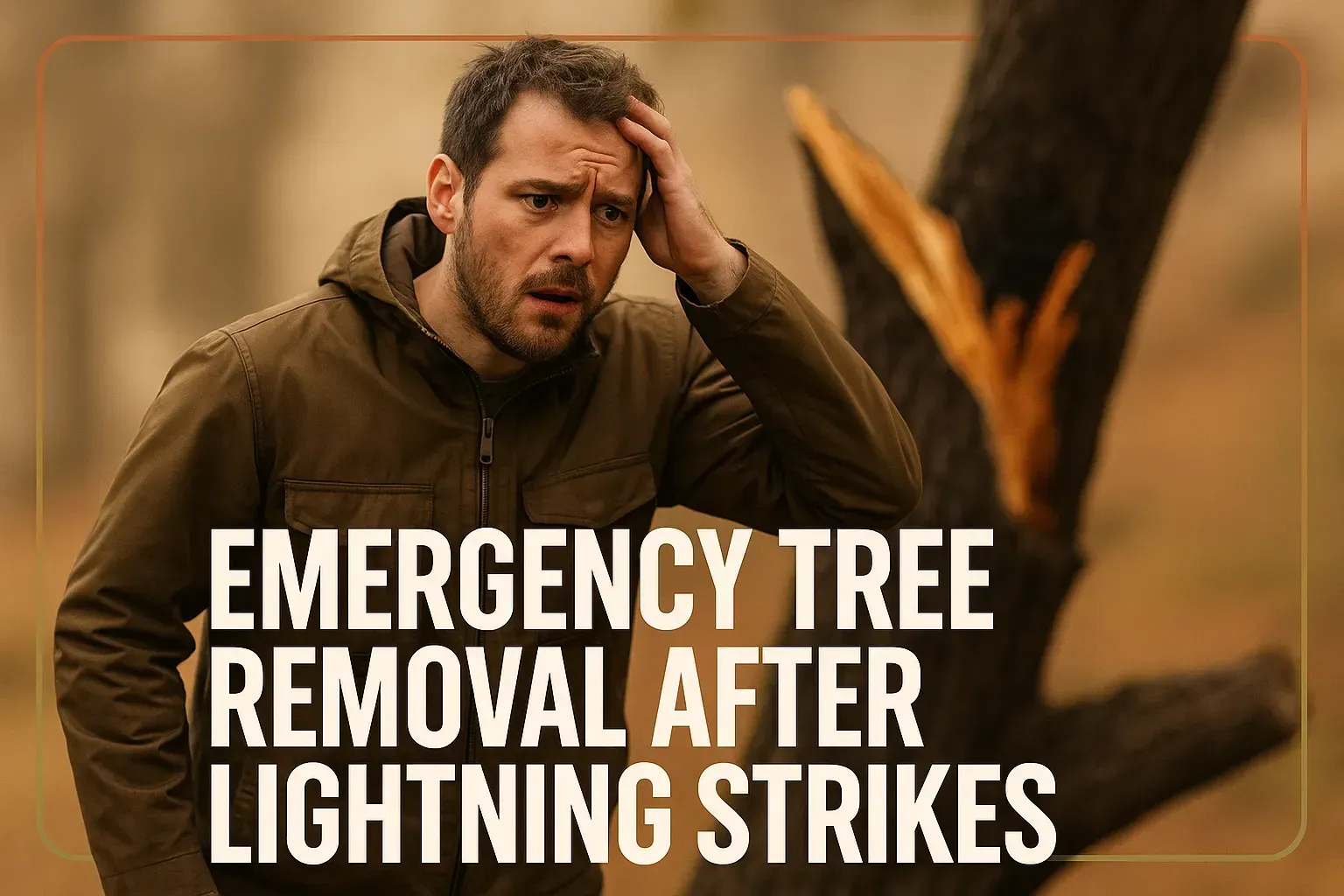 Man holding his head beside a damaged tree, with text: “Emergency tree removal after lightning strikes.”