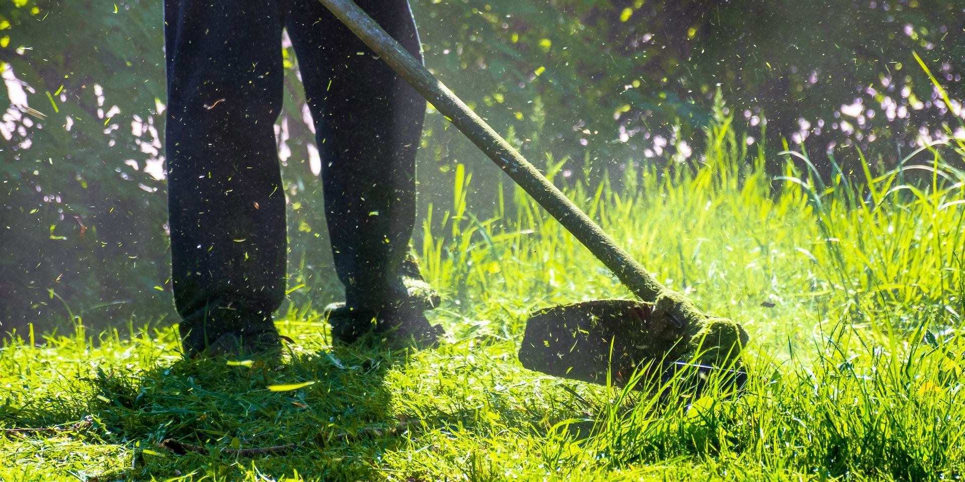 Person trimming tall grass with a string trimmer in bright sunlight during outdoor lawn maintenance.