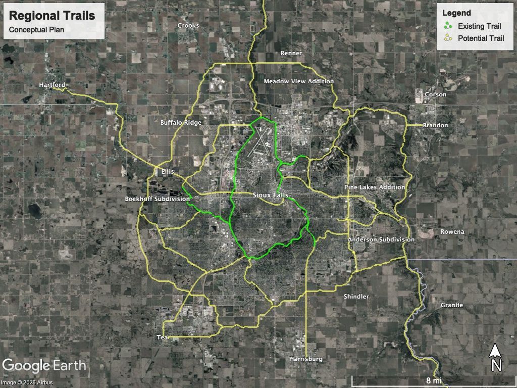 A conceptual regional trail network for Sioux Falls metro area.