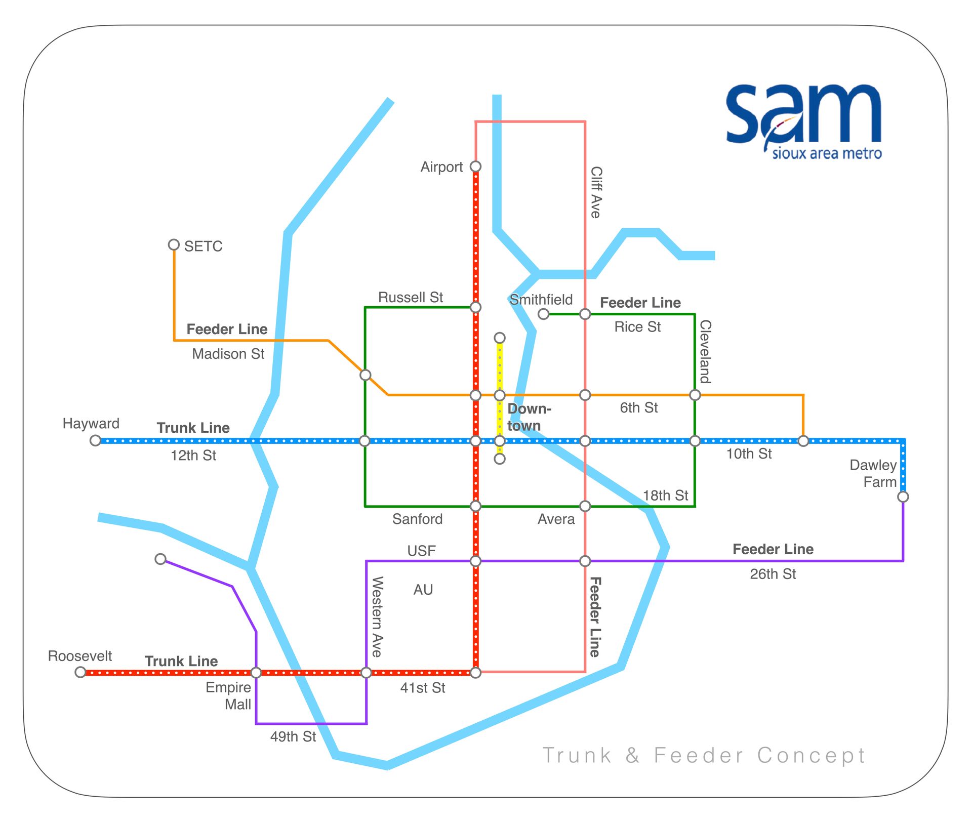 Transit map with colored lines indicating routes, and legend on the left.