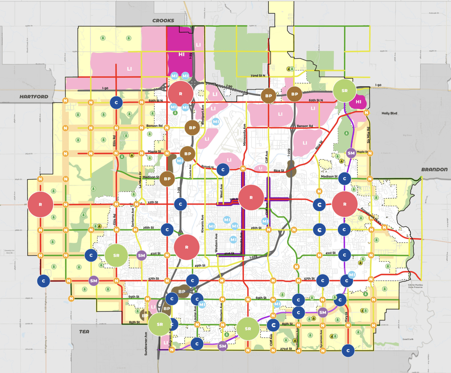 Map of future land uses for Sioux Falls.