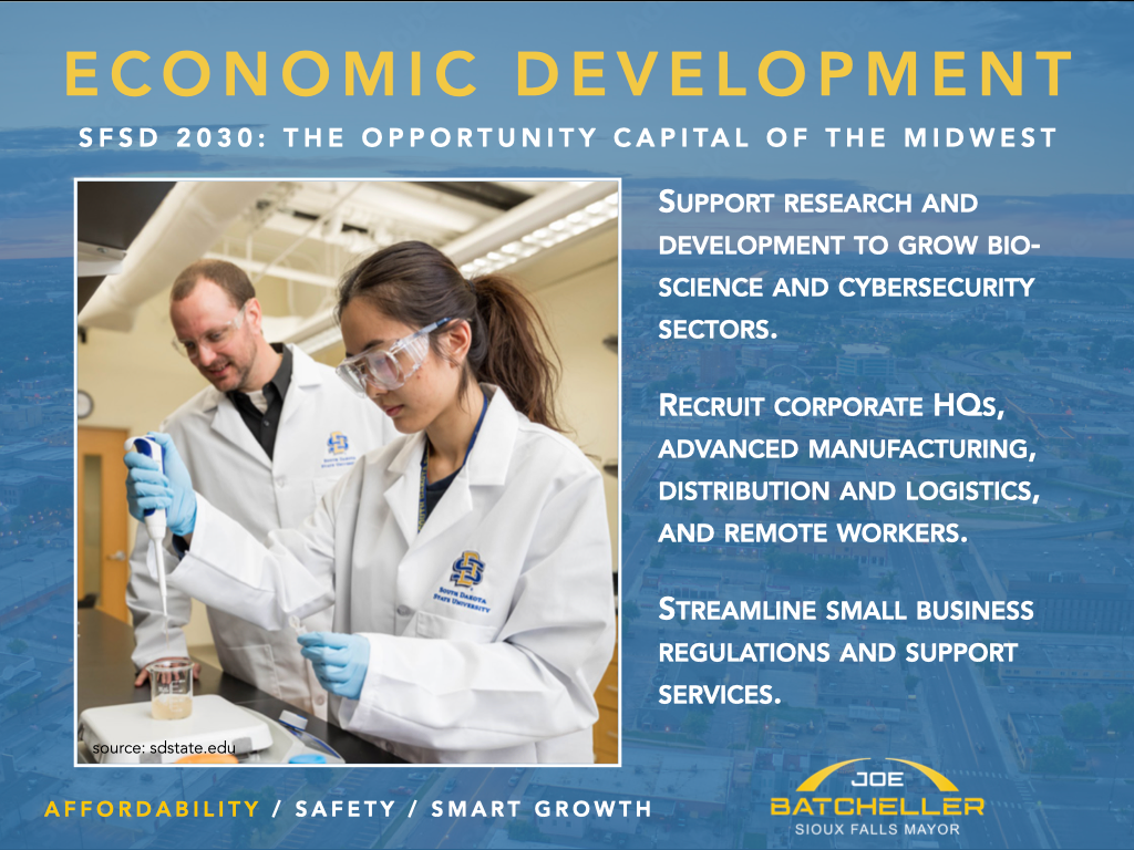 Doctors in lab coats reviewing paperwork with economic development text on blue background