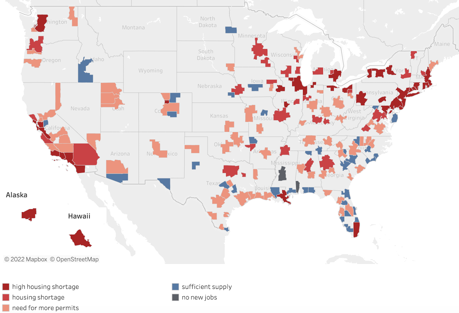 Map of the US showing areas with red and blue counties, indicating the health of local housing markets.