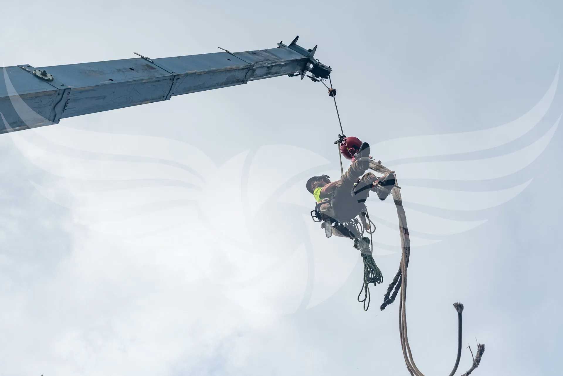 A person is jumping from a crane into the air