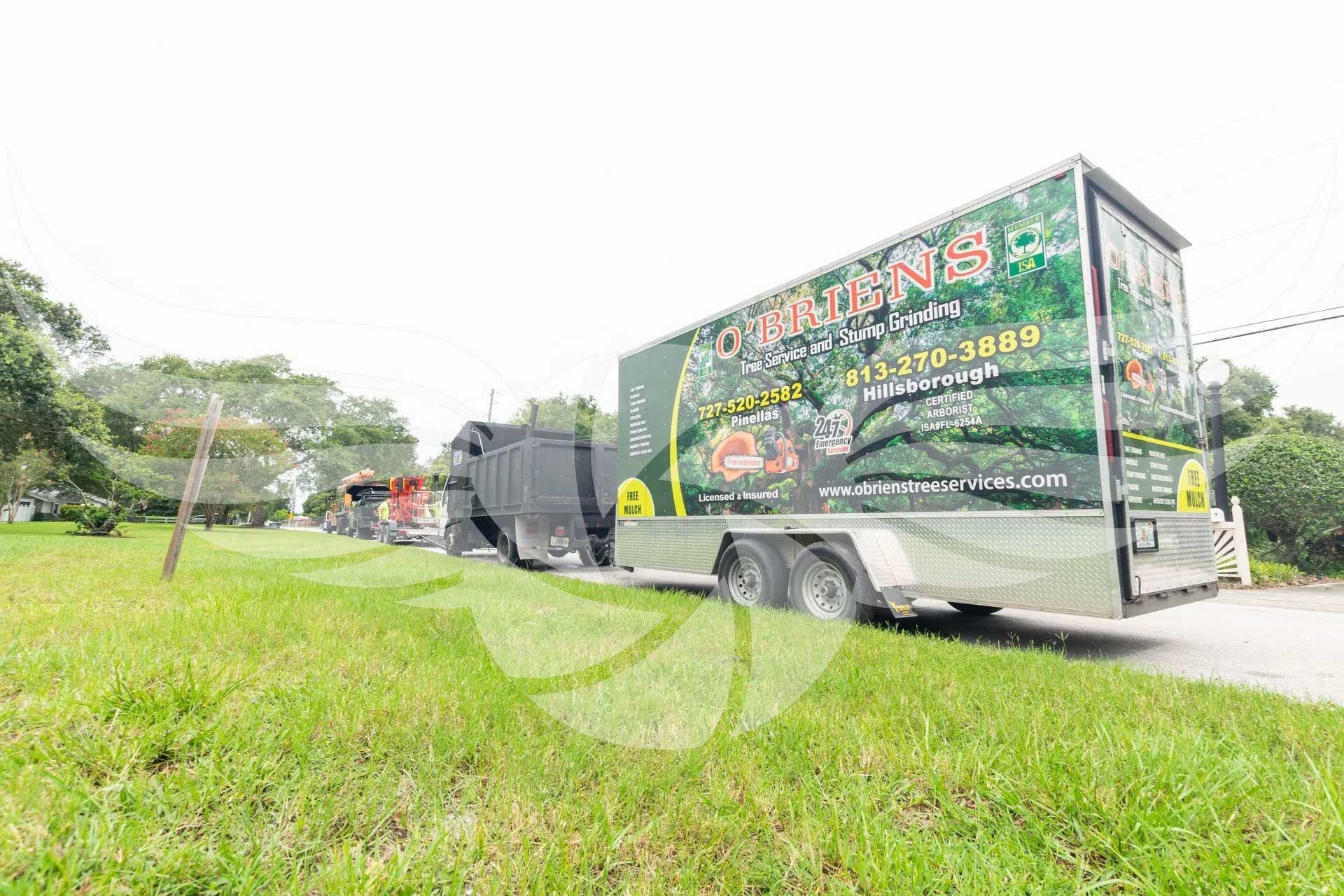 A truck is parked on the side of the road in a grassy field.