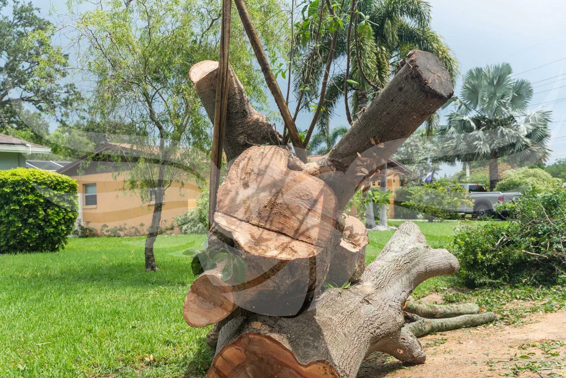 A tree stump with a hat on it is being lifted by a crane.