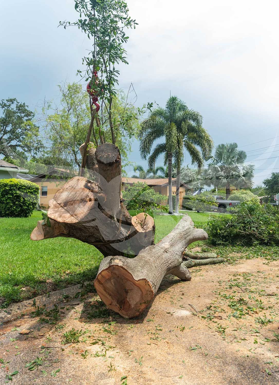 A large log is being lifted by a crane in a yard.