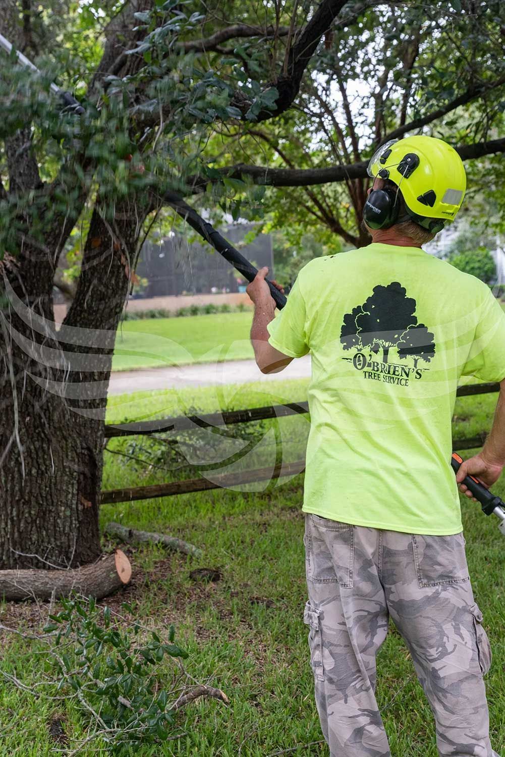 A man in a neon yellow shirt is cutting a tree with a chainsaw.