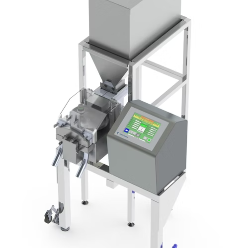 Industrial weighing machine with touch screen, hopper, and dispensing mechanism.