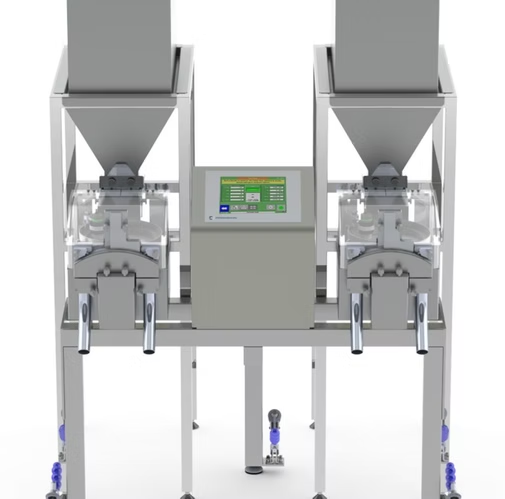 Industrial packaging machine with two hoppers and digital display.