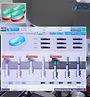 Dental audio software interface with sliders and waveform display. A light blue dental tool icon is also present.
