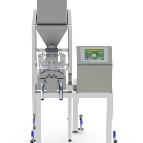 Industrial bagging machine, white frame, gray hopper, control panel, stainless steel spout.