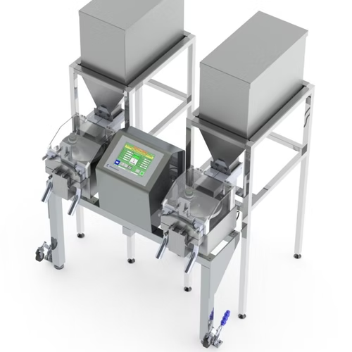 Industrial weighing machine with two hoppers, a control panel, and stainless steel supports.