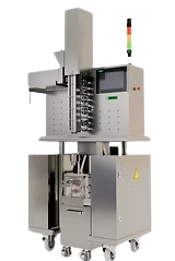 Industrial packaging machine with touch screen and light indicators, on wheels, stainless steel.