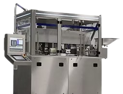Stainless steel industrial packaging machine with touchscreen controls.