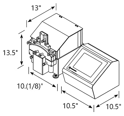 Isometric view of an industrial machine with a control panel, dimensions labeled.
