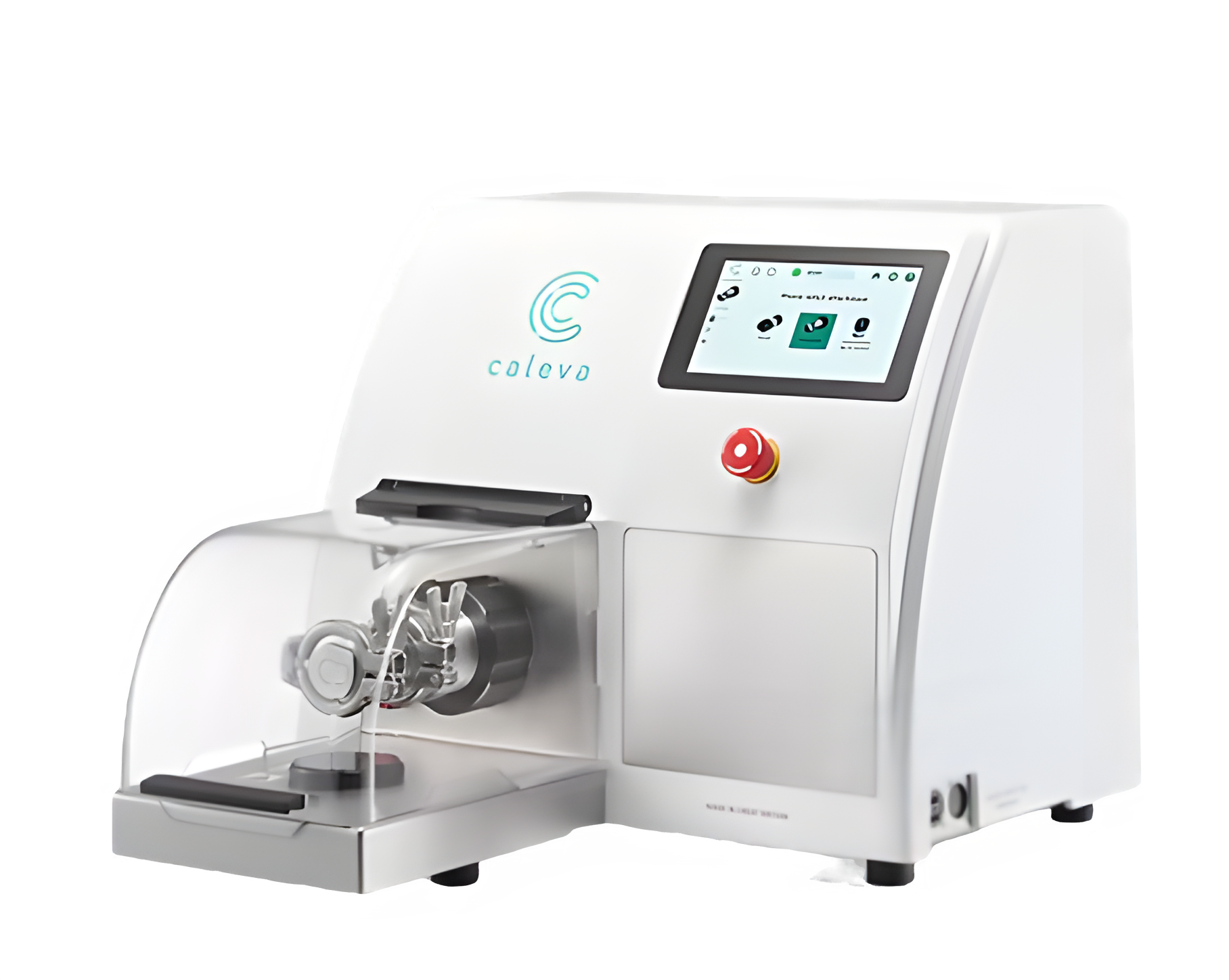 White laboratory machine with touchscreen, transparent cover, and red emergency stop button.