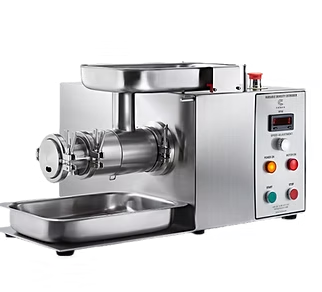 Stainless steel oil press machine with a digital display and tray.