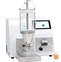 White laboratory machine with a transparent cylinder and a touchscreen. A pump is connected, collecting orange liquid.