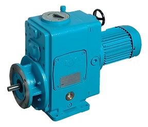 Blue industrial geared motor with a flange, electric motor attached, and hand crank.
