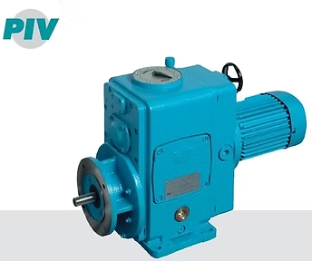 Blue industrial PIV variable speed drive gear unit with motor and output shaft.
