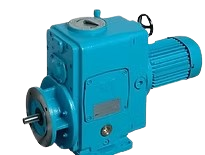 Blue industrial gear motor with a cylindrical electric motor attached.