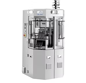 A silver industrial tablet press machine with a clear protective enclosure.