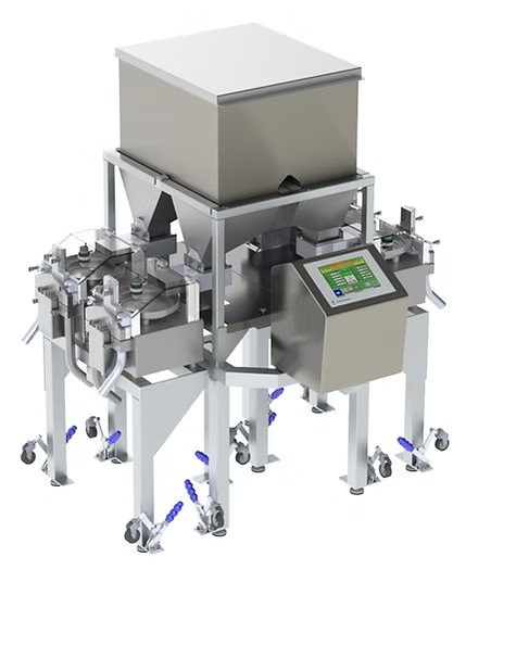 Industrial weighing machine with touch screen control, hopper, and dispensing components.